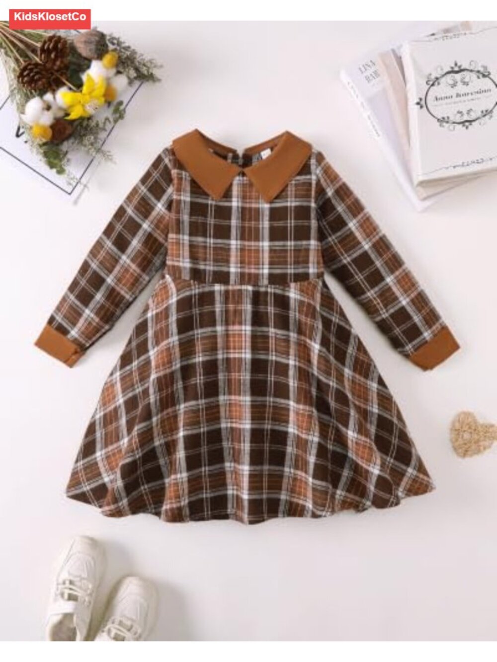 Girls Long Sleeve Plaid Swing Dress with Peter Pan Collar Fall Winter - Picture 3 of 6
